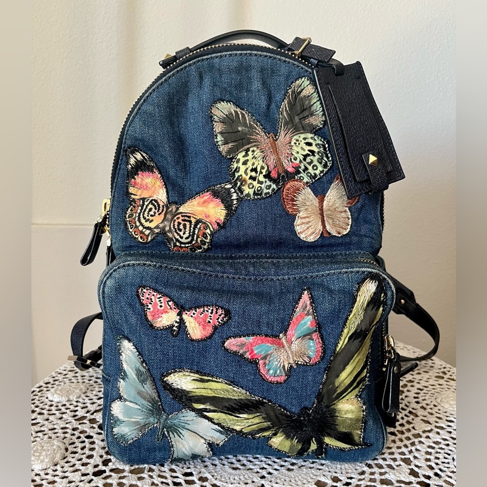 VALENTINO Garavani Embroidered Butterfly Denim Backpack